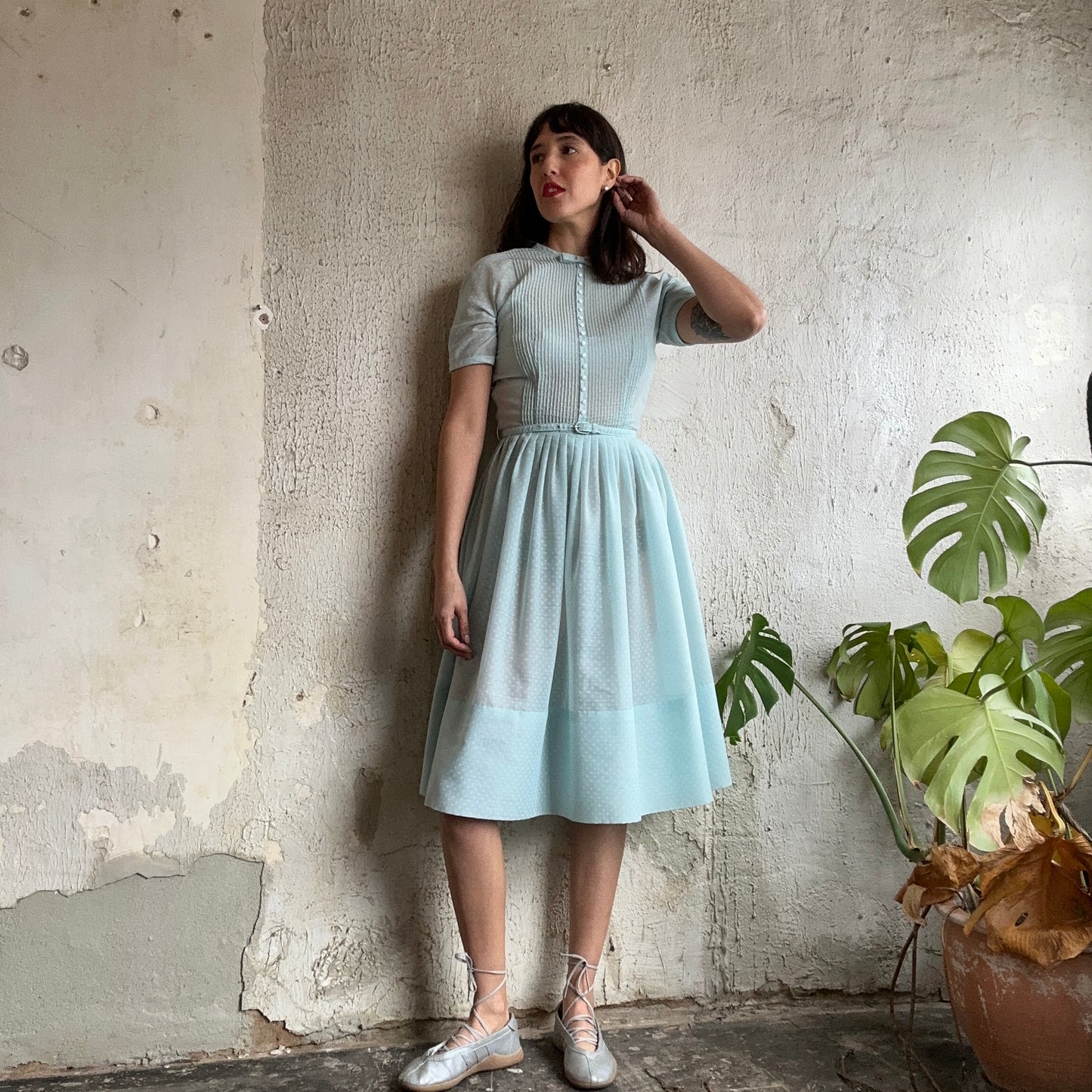 Light Blue Polka Dot Dress W/ Belt S