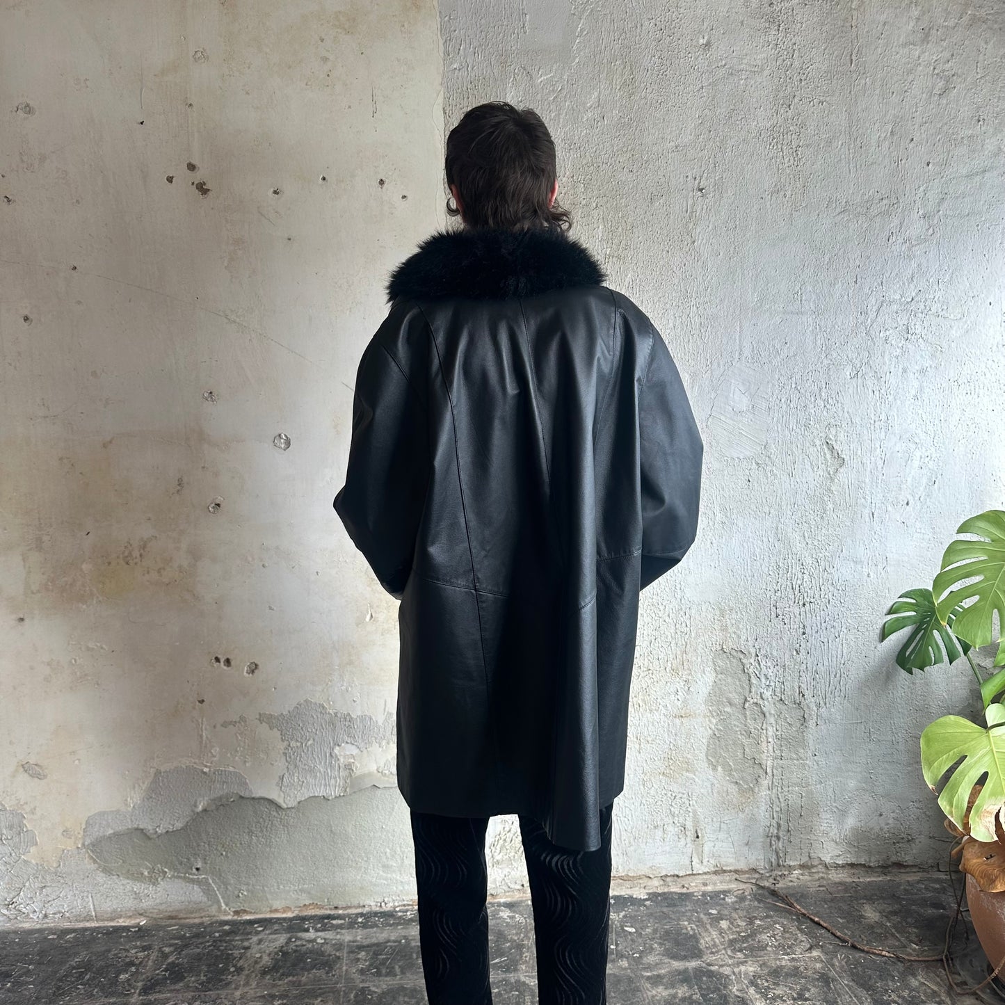 Black Leather Jacket Faux Fur Trim 4XL