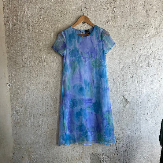 90s Blue Floral Watercolor Pattern Dress