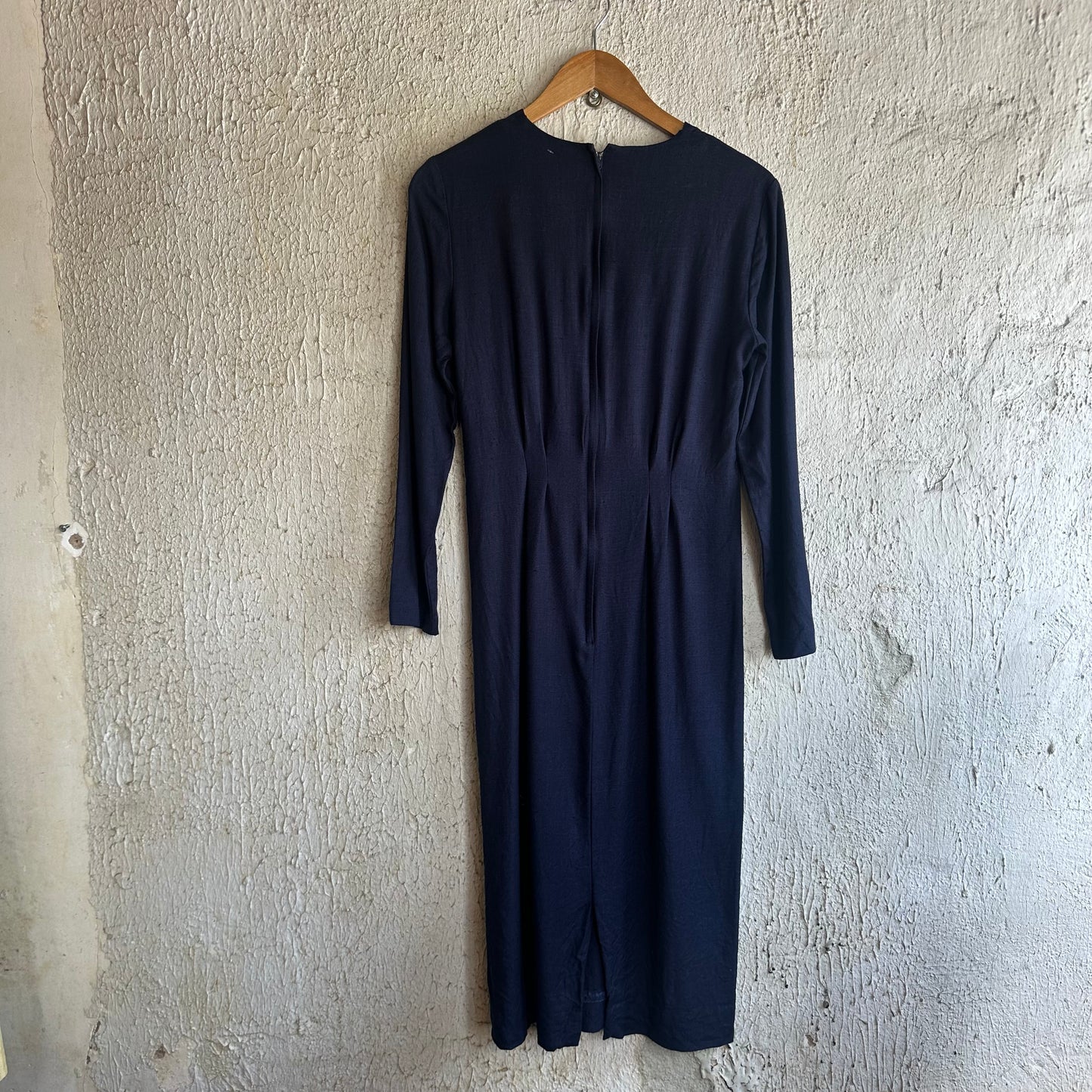 1980s Tanner Navy Linen Long Sleeve Dress S