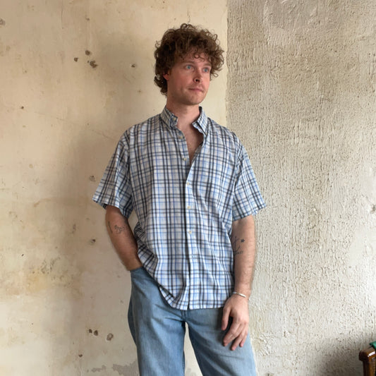 Blue Plaid Short Sleeve Button Down Shirt