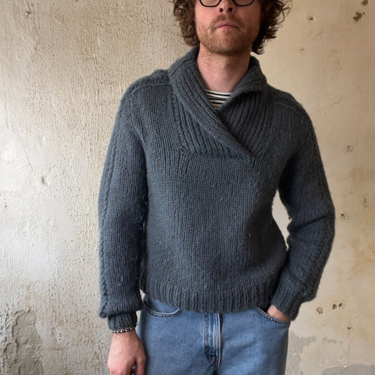 HAND-KNIT BLUE SHAWL SWEATER
