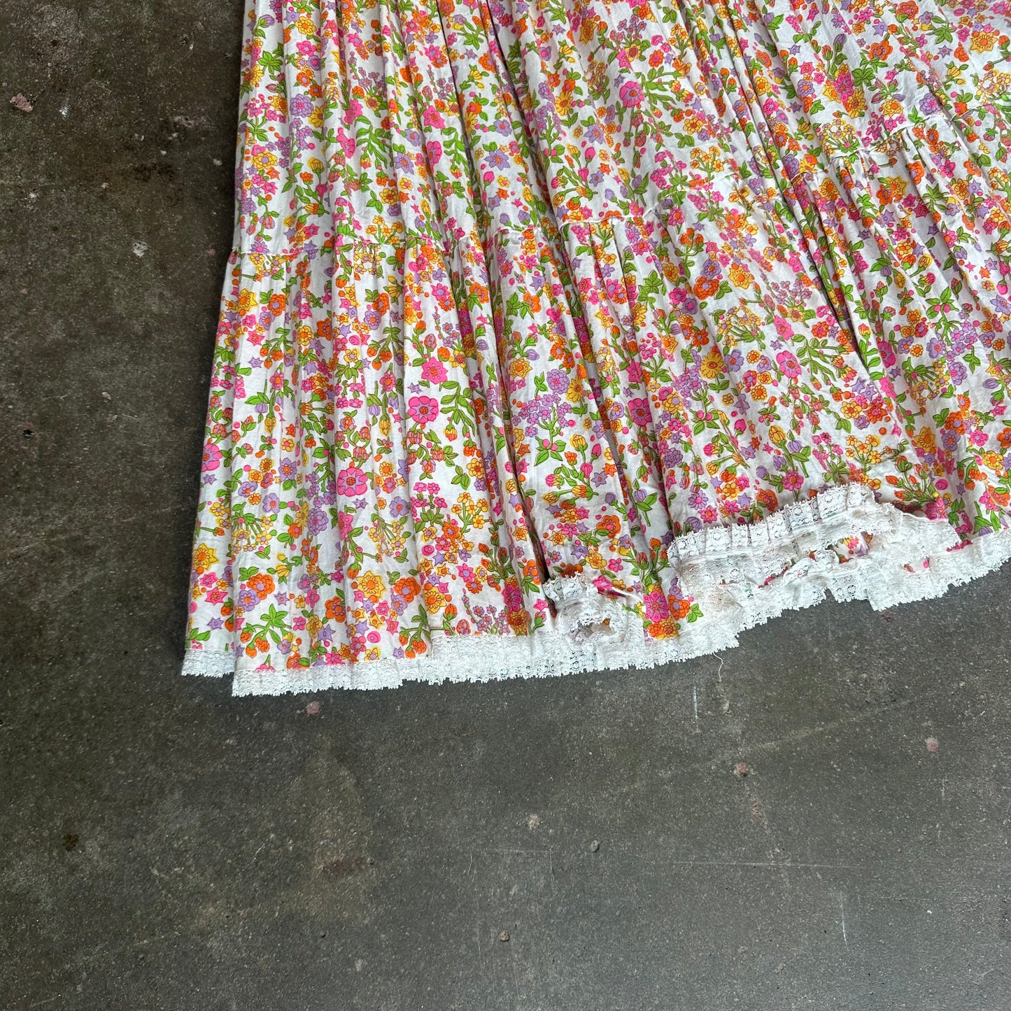 Vtg Floral Lace Trim Dress S/M