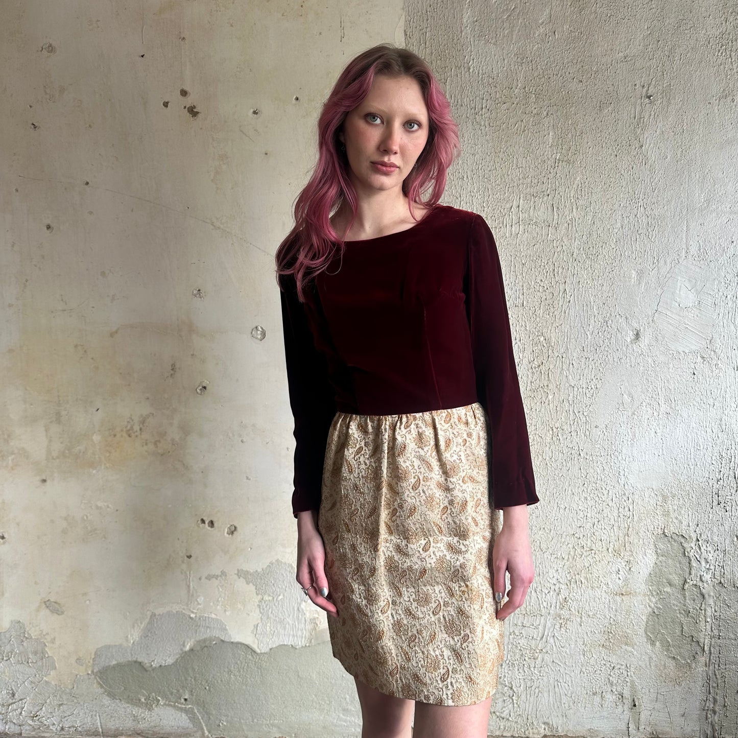 VTG Red Velvet Gold Paisley Dress S