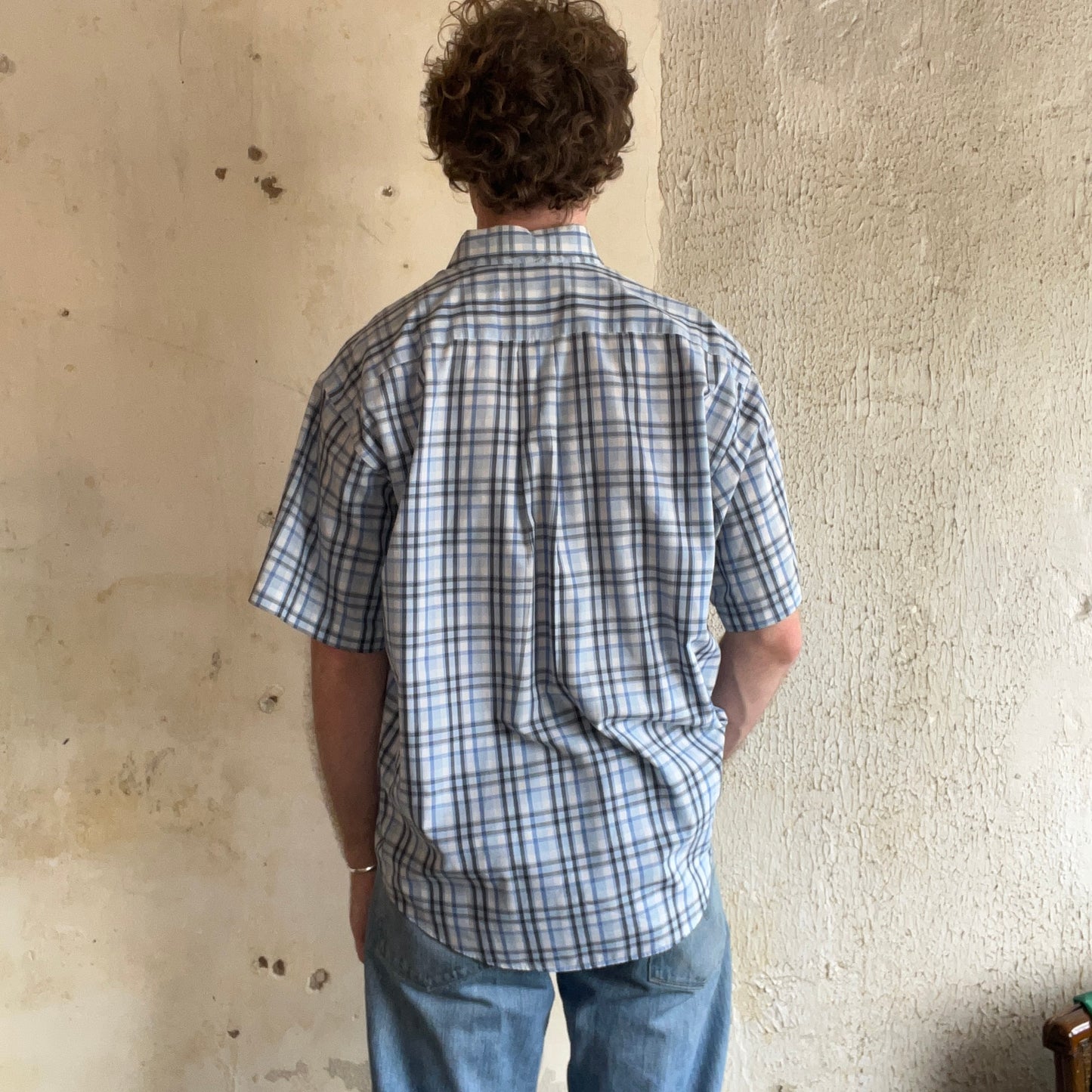 Blue Plaid Short Sleeve Button Down Shirt