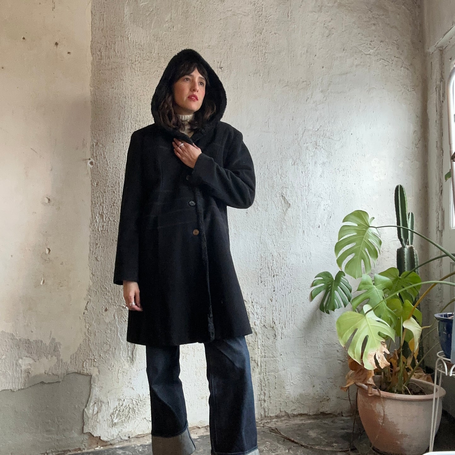 VTG Soft Black Hooded Coat
