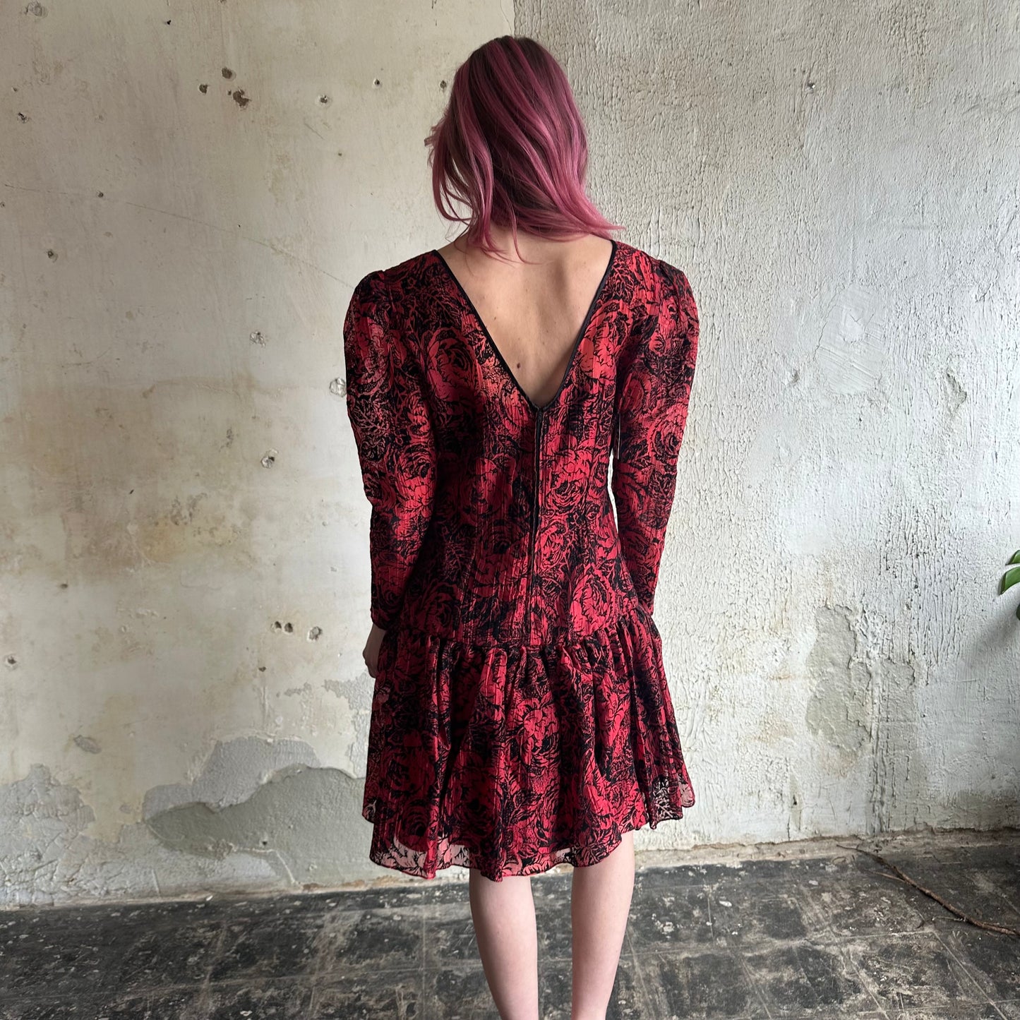 80’s Red Velvet Rose Dress S