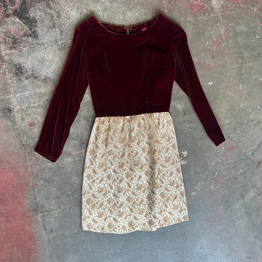 VTG Red Velvet and Gold Paisley Dress S