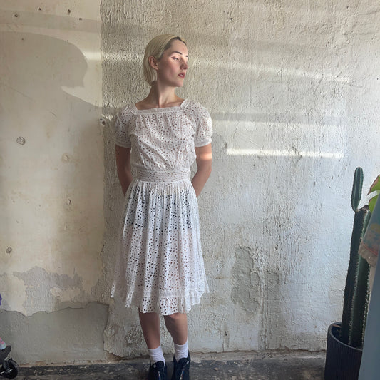 VTG White Eyelet Lace Dress XS