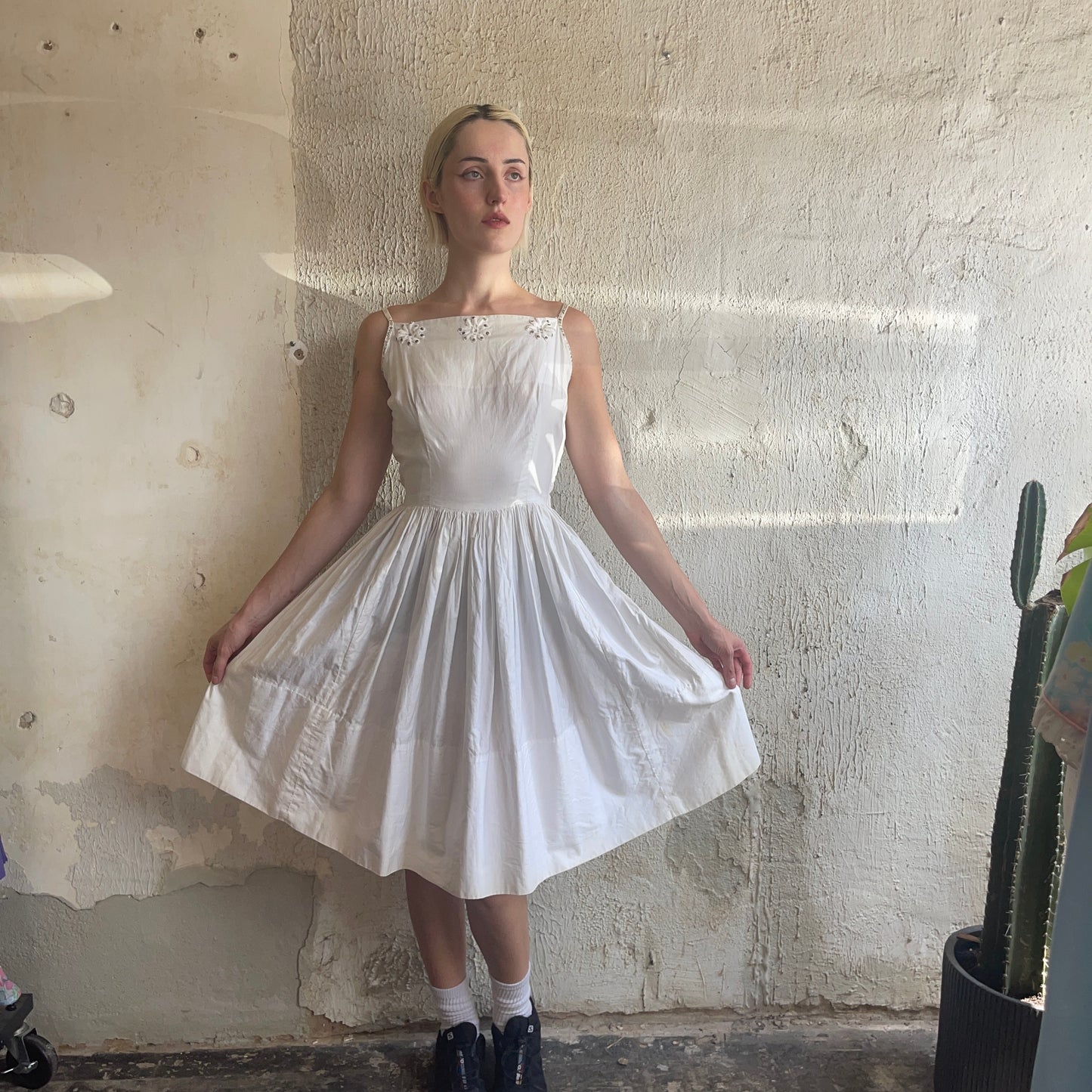 VTG White Pleated Dress With Sequin Detail