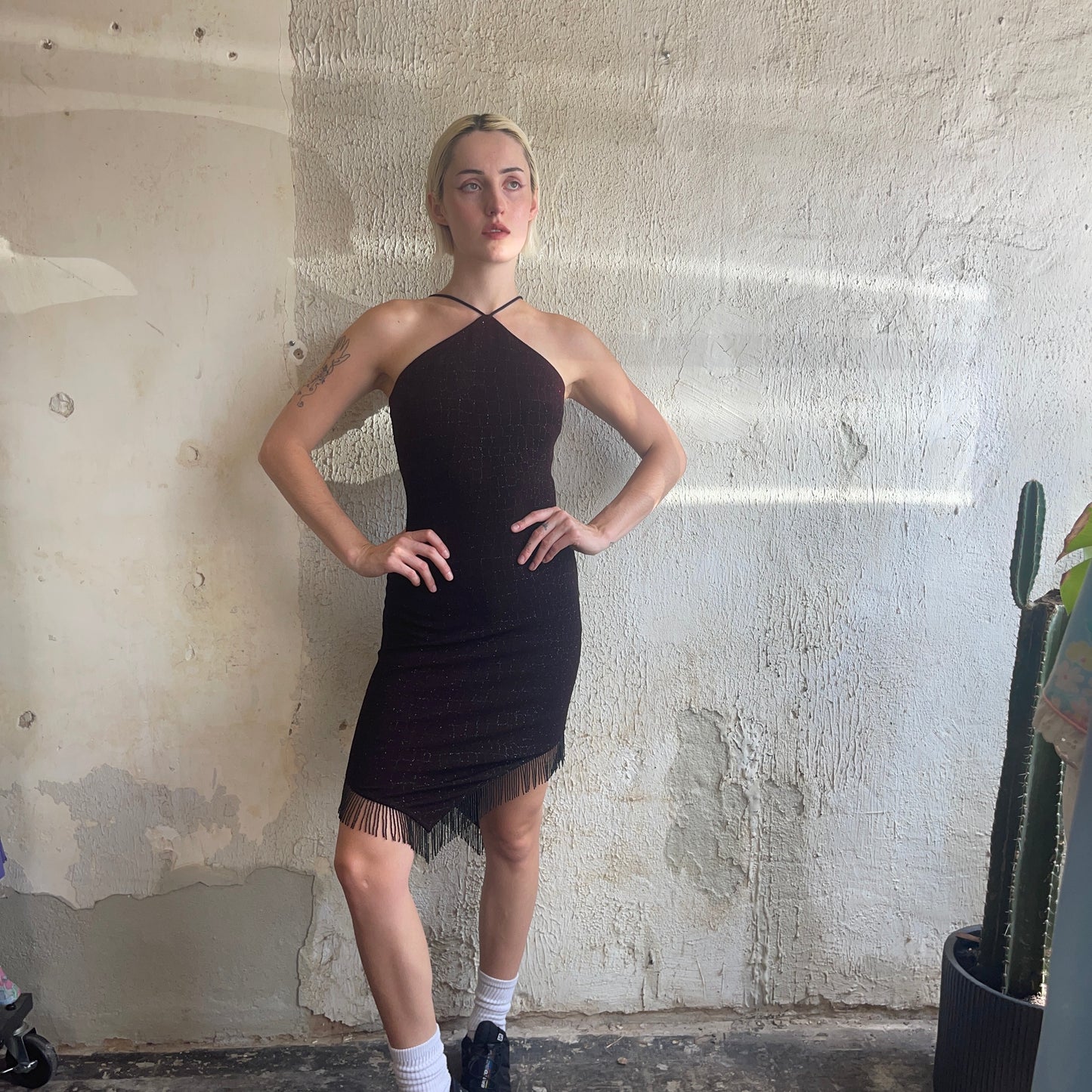 90s Red & Black Ombré Fringe Dress XS