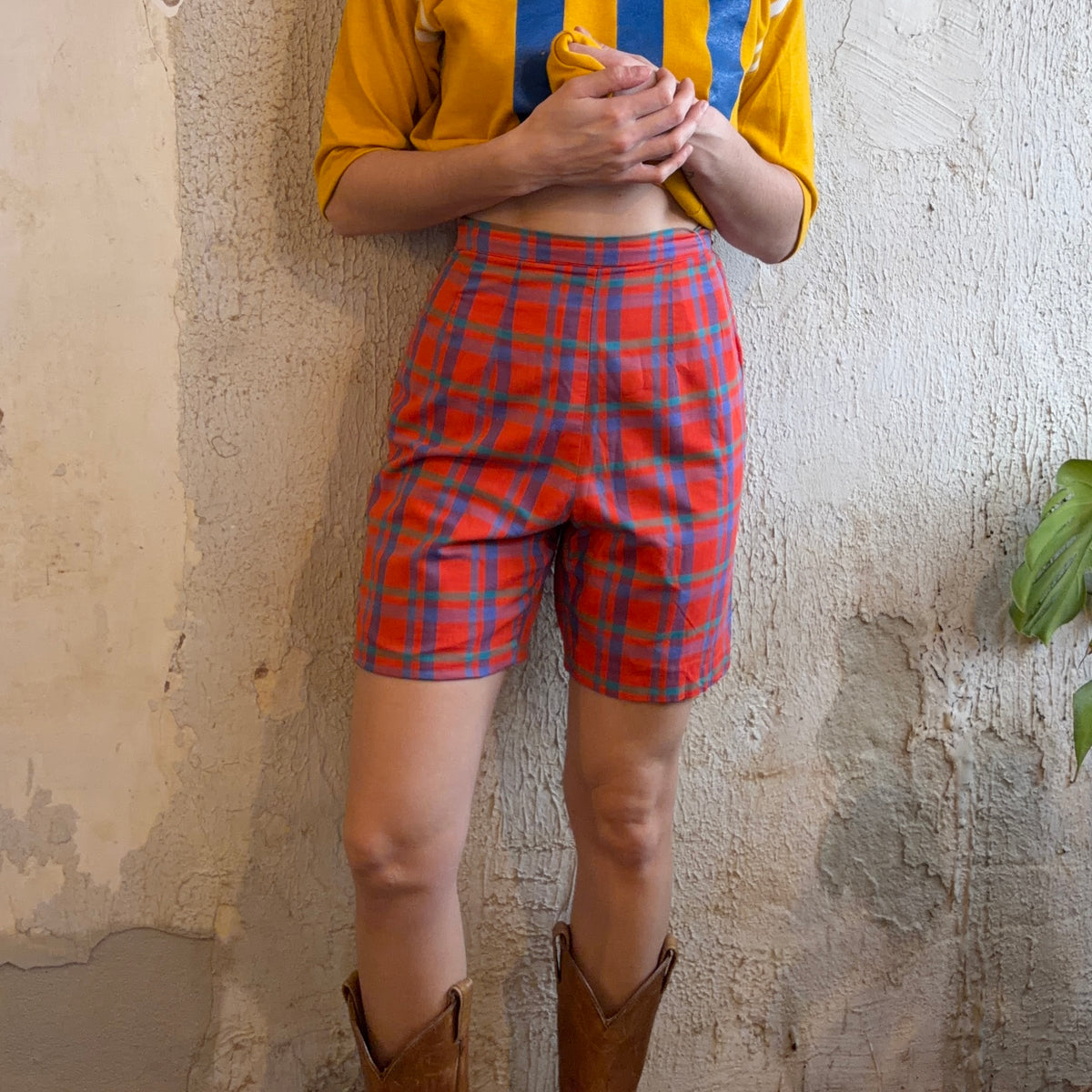 Multi Color Plaid High Waist Shorts S