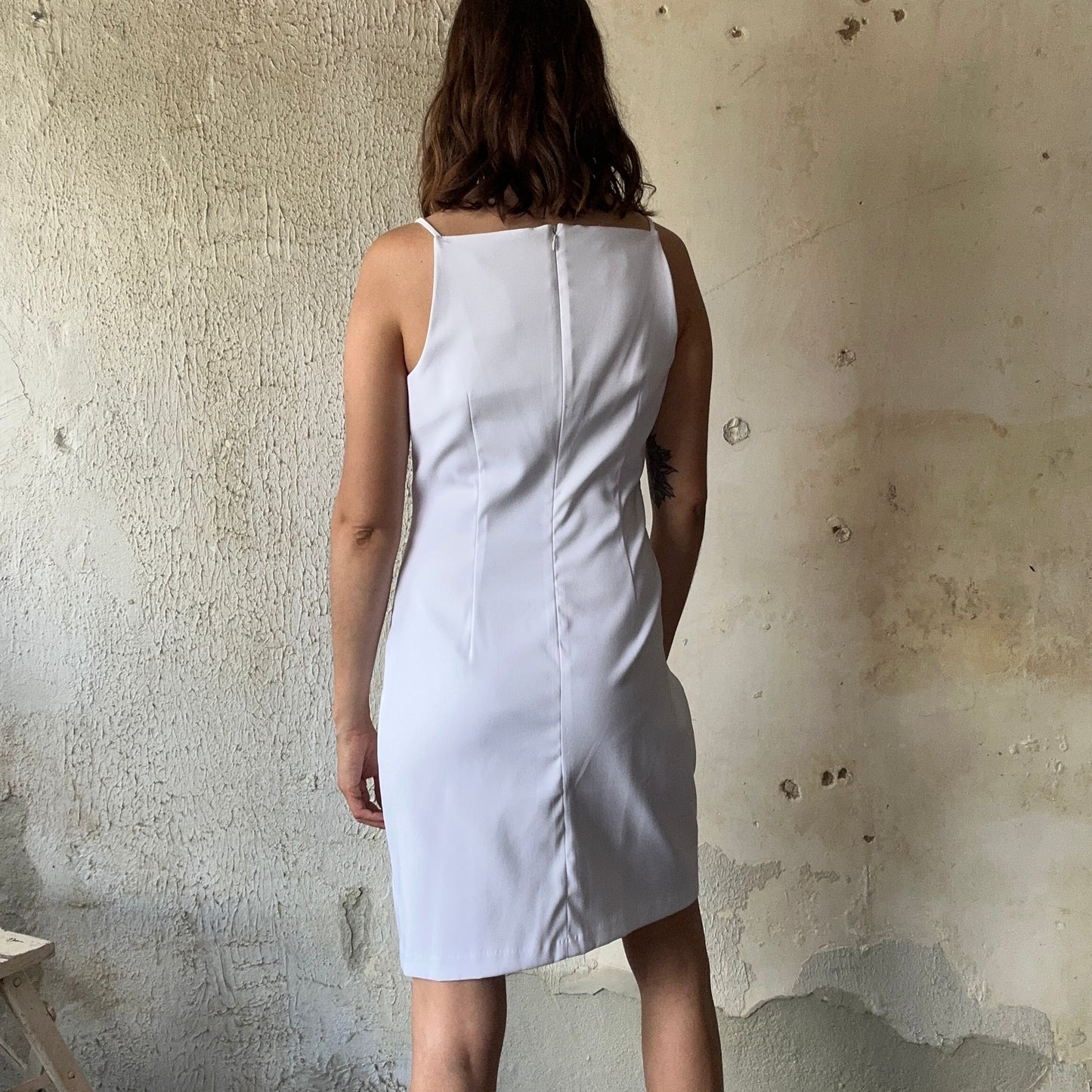 White Sleeveless Dress W/ Floral Appliques S