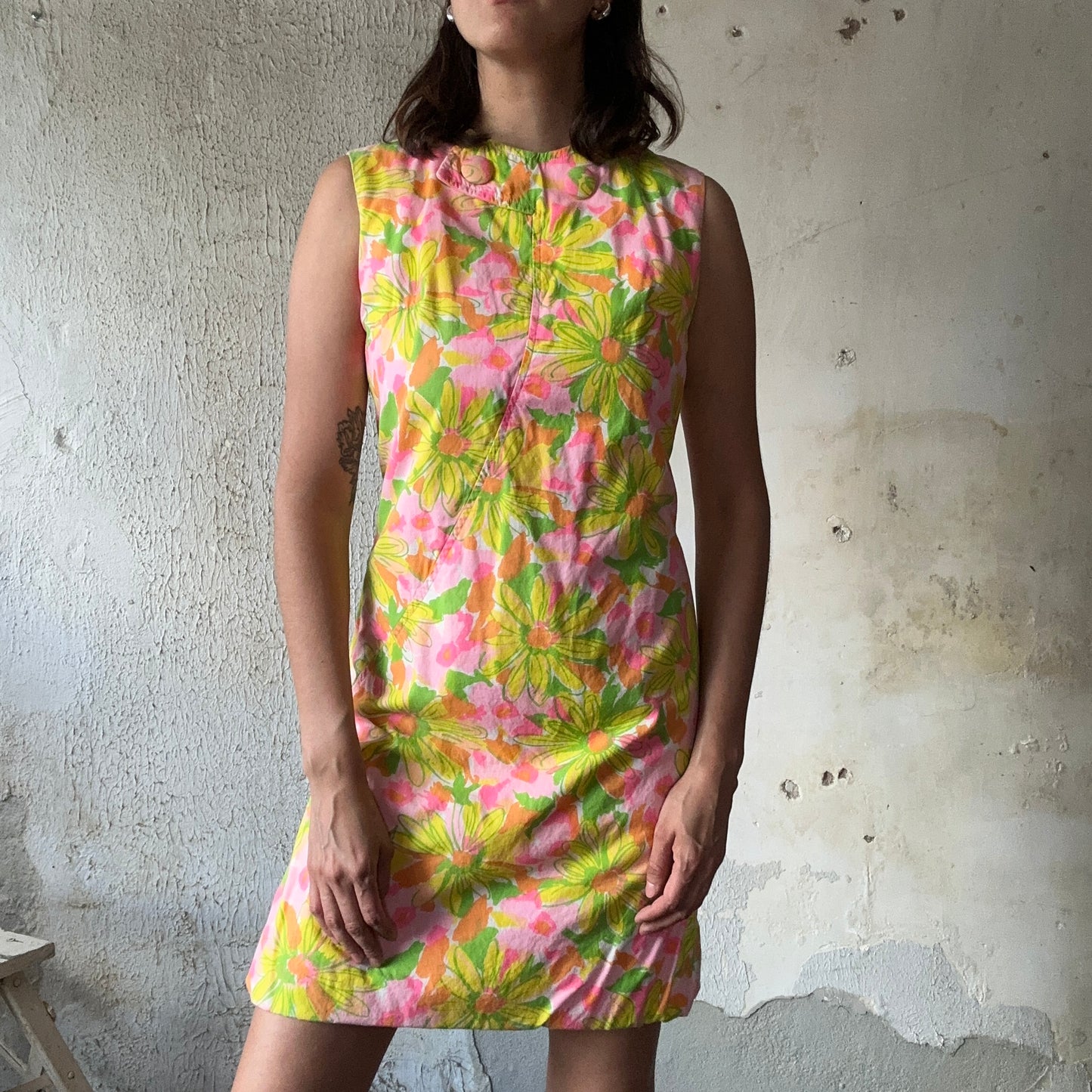 60’s Pink and Green Floral Sleeveless Dress S