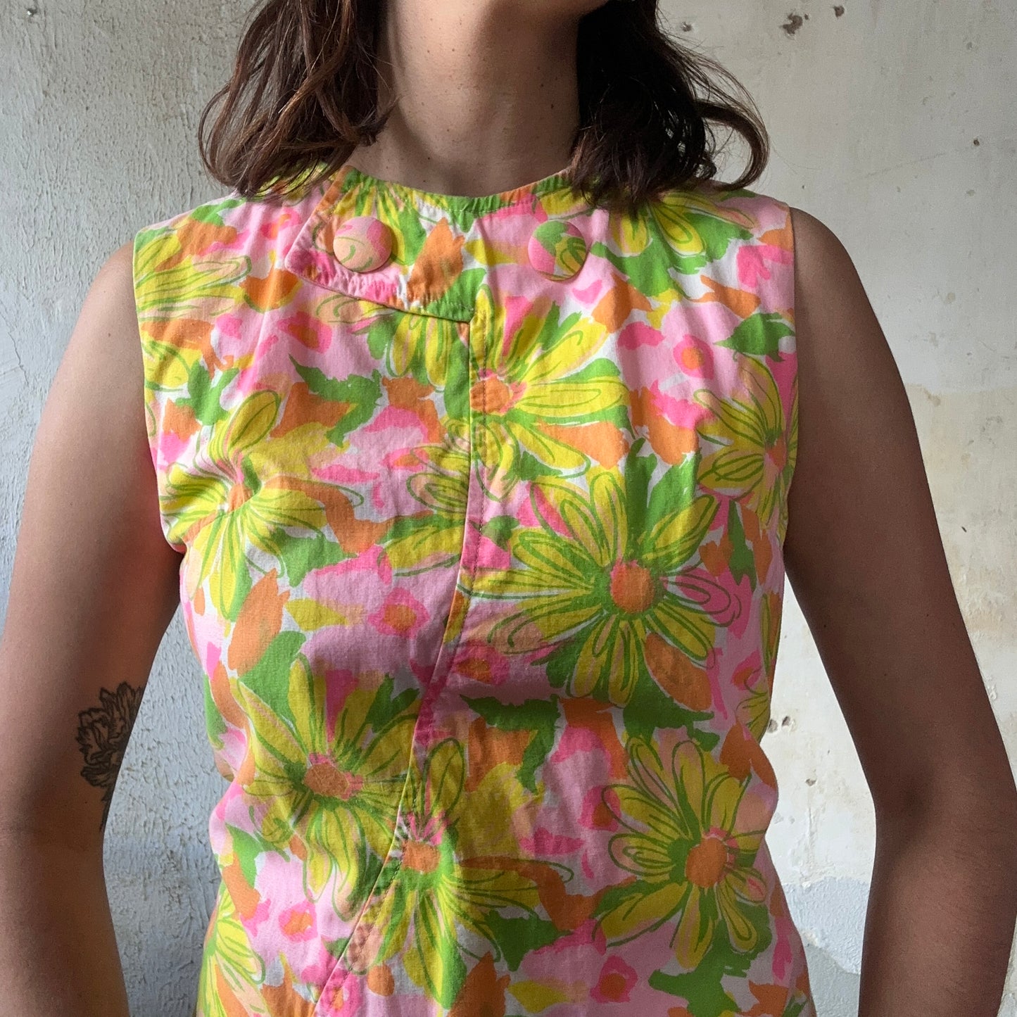 60’s Pink and Green Floral Sleeveless Dress S