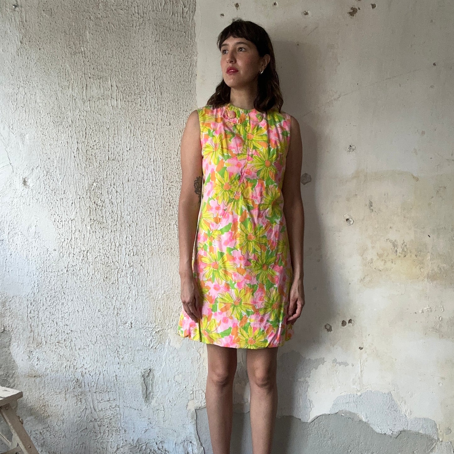 60’s Pink and Green Floral Sleeveless Dress S