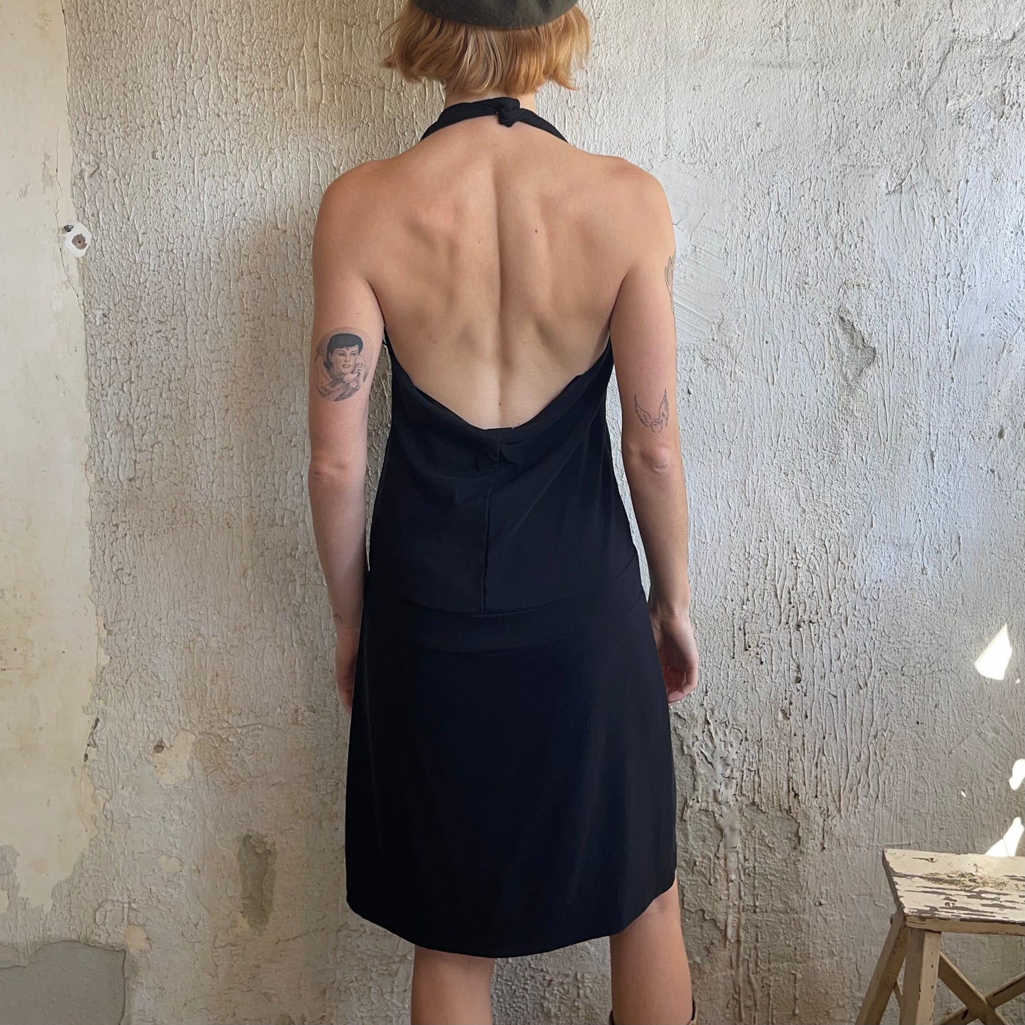 VTG Black Halter Dress With Rhinestone Buckle XS
