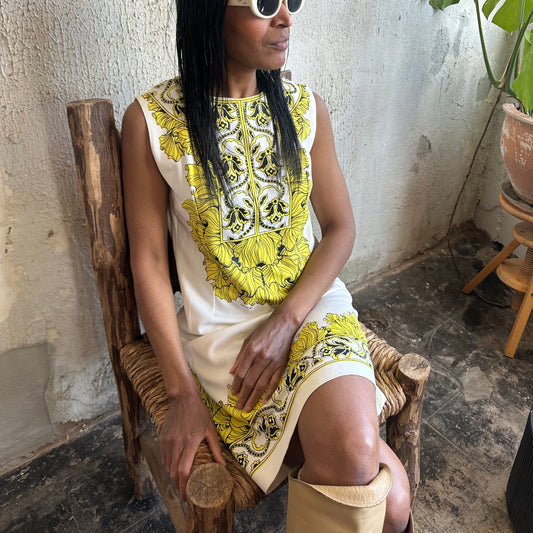 1960’s Yellow Center Pattern White Dress S