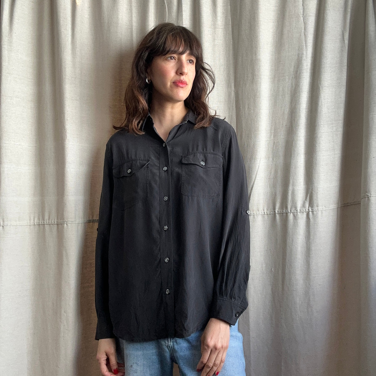 Silk Black Button Up S