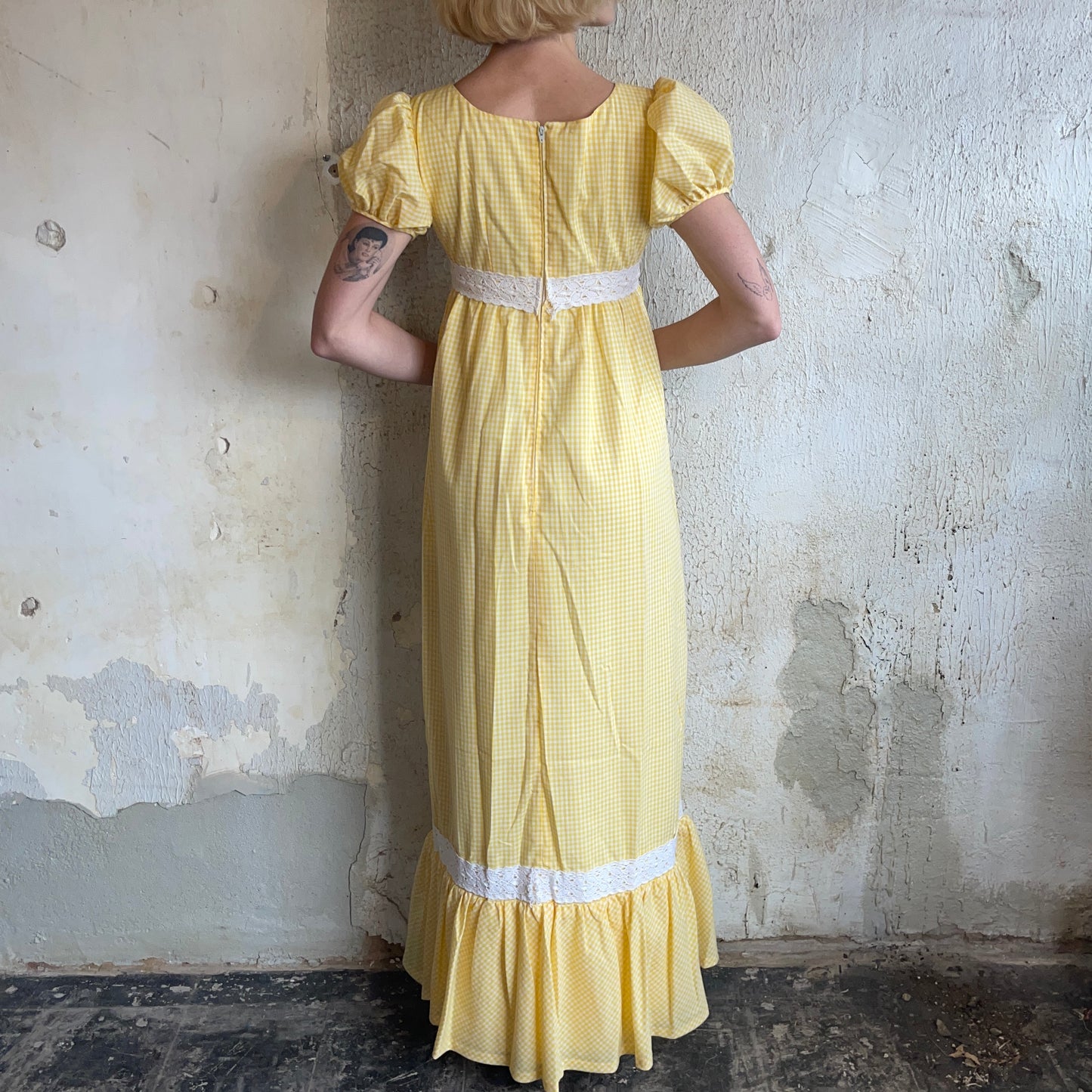 70’s Yellow Small Plaid Maxi Dress XXS
